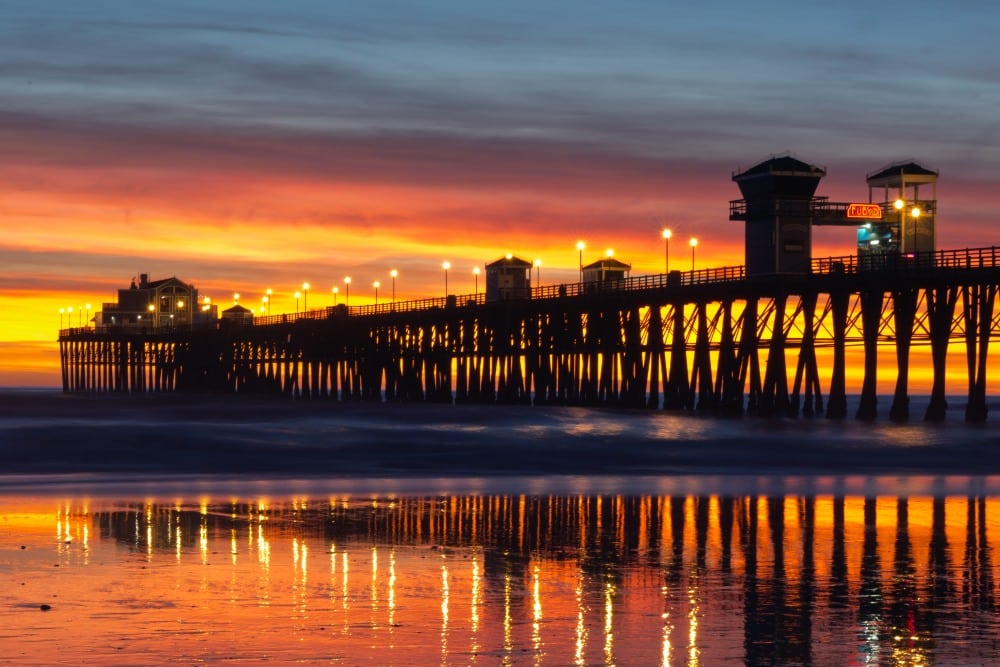 Panoramic view of Oceanside, CA pier during a sunset.